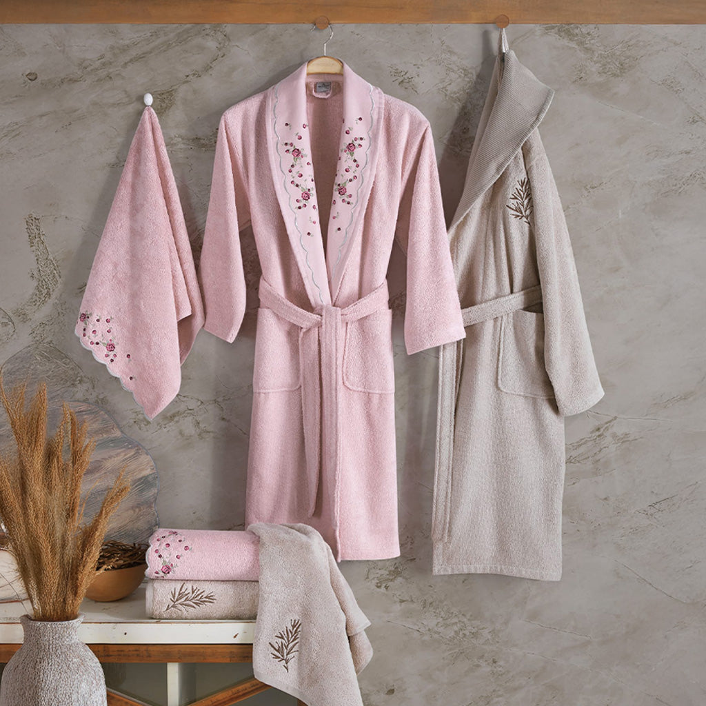 Vellavia Bathrobe Set Rose - Pink - Cappucıno 70% Bamboo 30% Cotton 6 Pcs