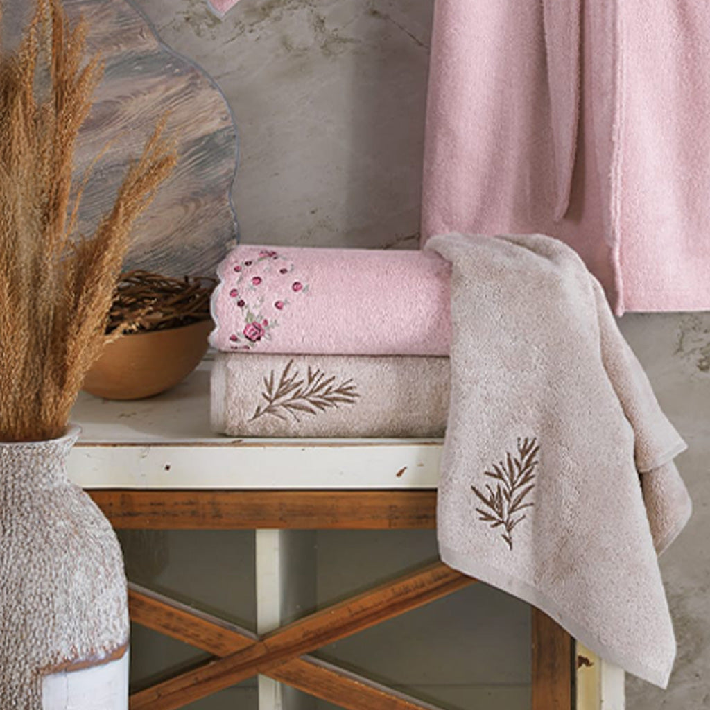Vellavia Bathrobe Set Rose - Pink - Cappucıno 70% Bamboo 30% Cotton 6 Pcs