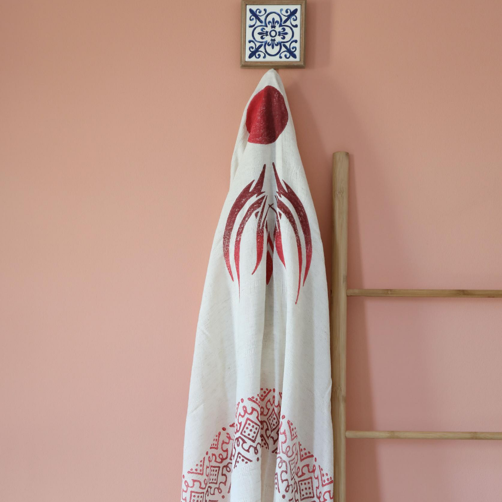 Ecru linen-cotton scarf/shawl has hand-made prints