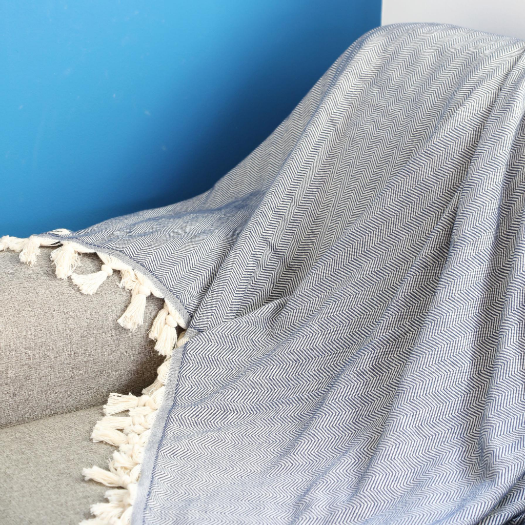 Navy color , Turkish cotton throw/blanket has herringbone design