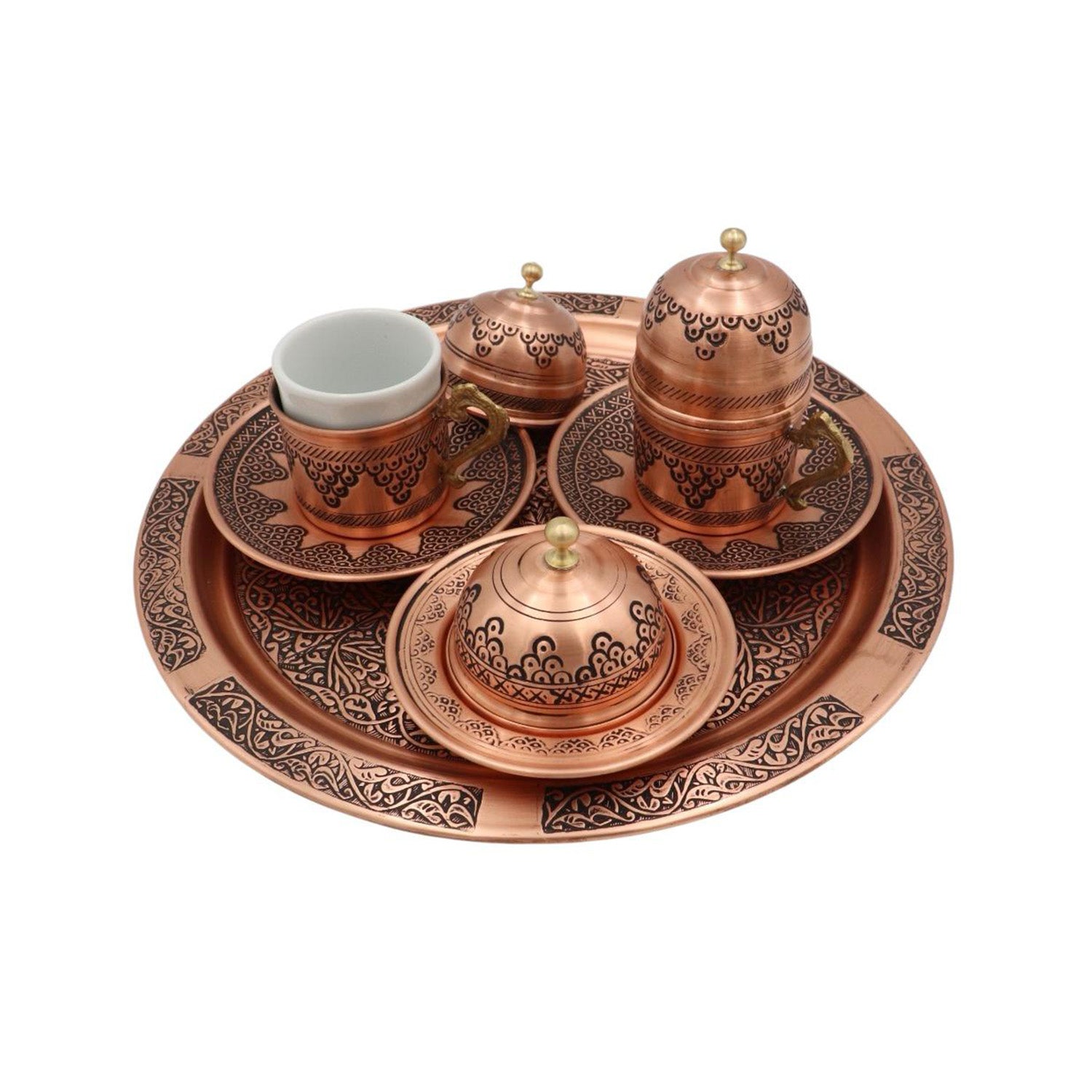 Luxury Handmade Turkish Copper Coffee Set – 6 Pieces with Velvet Gift Box