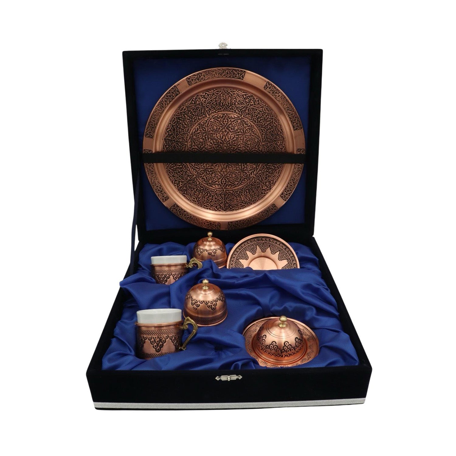 Luxury Handmade Turkish Copper Coffee Set – 6 Pieces with Velvet Gift Box