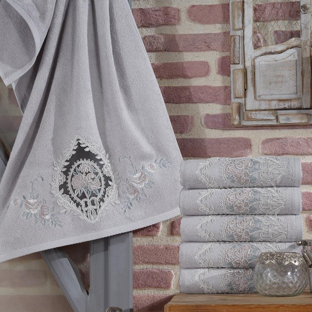 Turkish, bamboo-cotton, grey hand towels adorned with floral embroideries and guipure