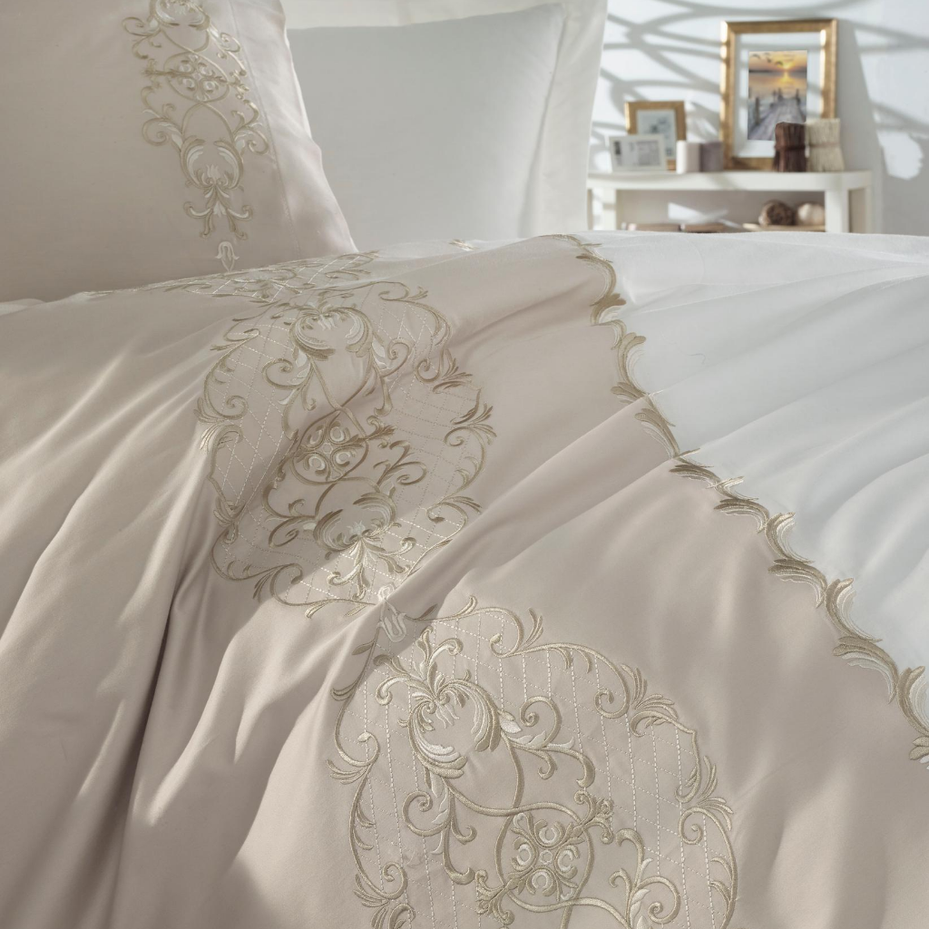 Oriental, golden bronze embroideries on beige duvet cover and pillowcases