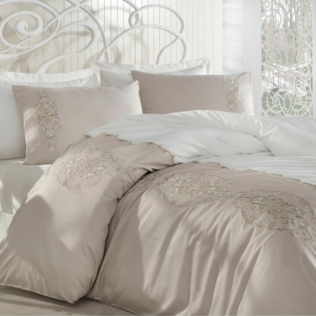 Cotton-sateen bed linen set has white and beige colors in combination with white bedroom furnitures