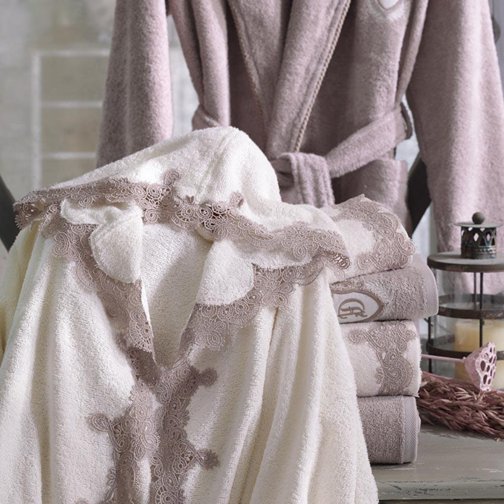 Hooded women robe and towels ornamented with light brown lace at all borders