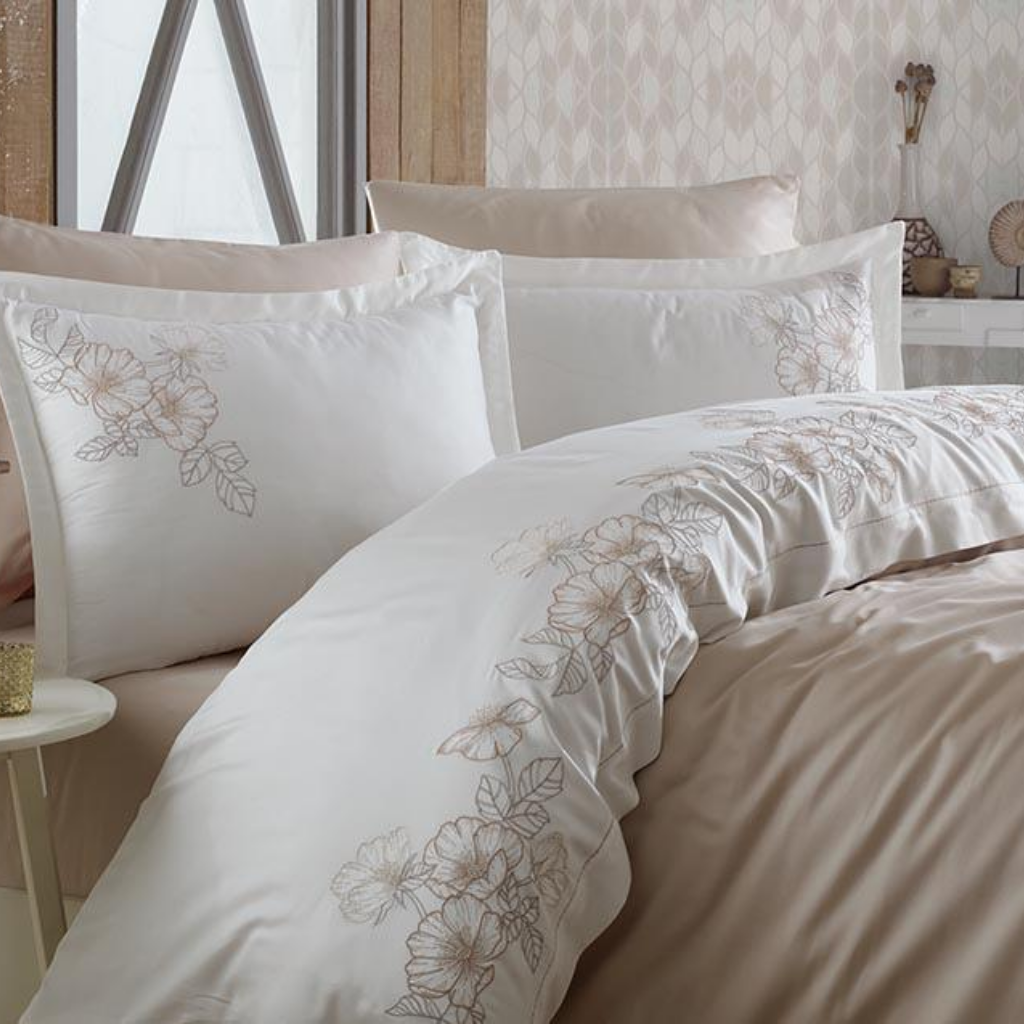 Stylish bedroom designed with beige and white color, cotton bedding set 