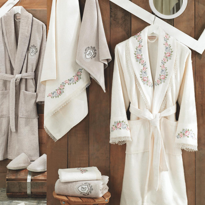 Men and women bathrobes and Turkish towels designed with lace and floral patterns.