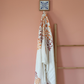 ecru color linen scarf/shawl has orange, totally hand-made floral designs