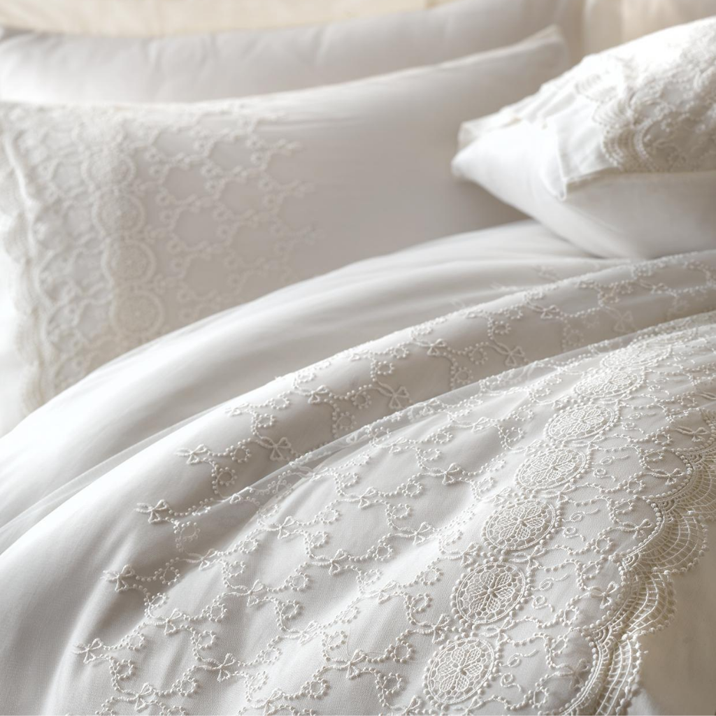 White, bride bedding set adorned with French chantilly lace