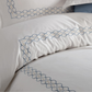 Blue and silver color, chain-shape embroideries border white duvet cover 