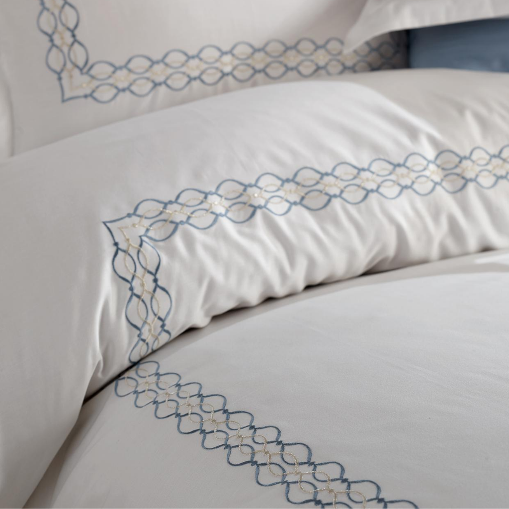 Blue and silver color, chain-shape embroideries border white duvet cover 