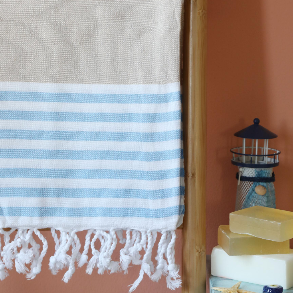 sailor beach towel has blue and brown stripes
