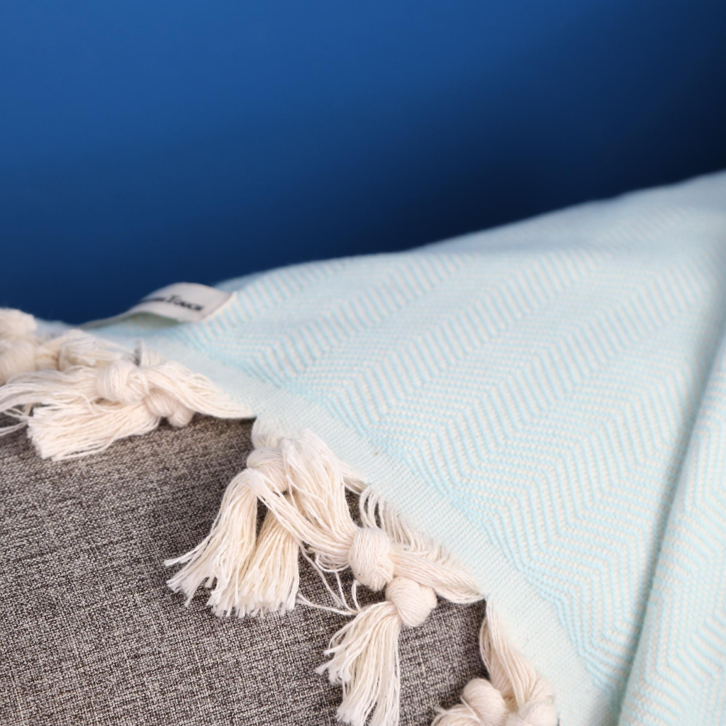 Cotton, turquoise blanket has herringbone design